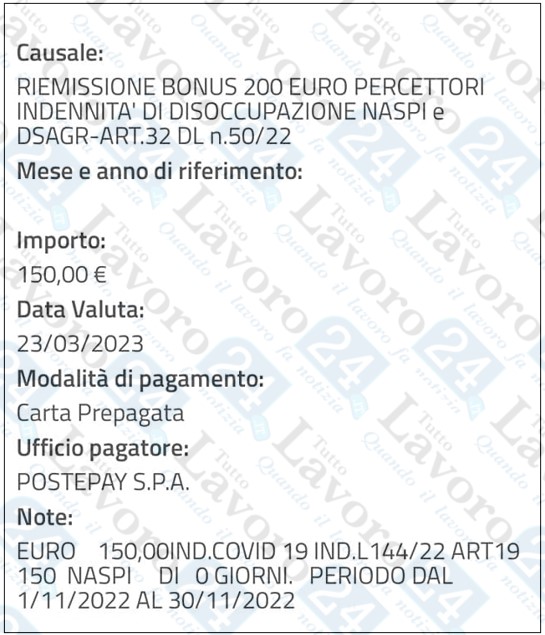 bonus 150 euro naspi