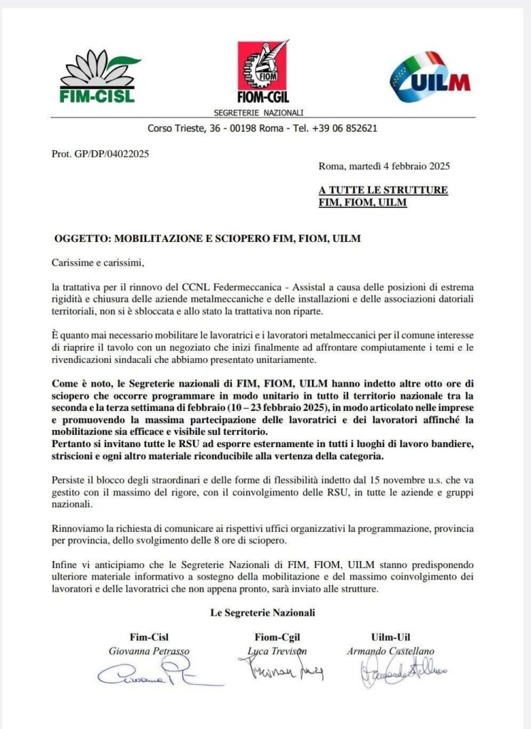 sciopero metalmeccanici comunicato