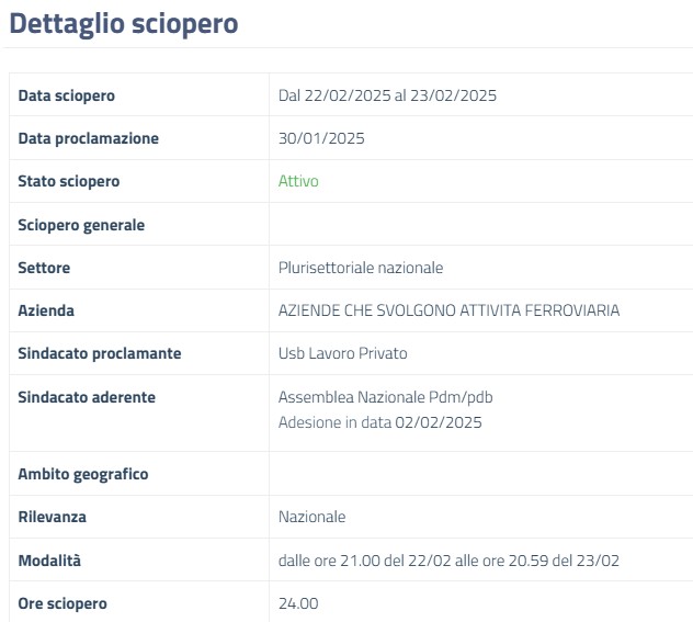 sciopero treni 22-23 febbraio