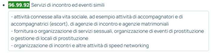 codice ateco escort