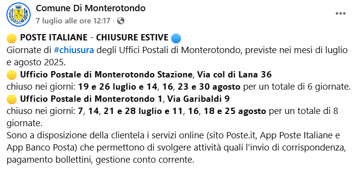 chiusura estiva uffici postali