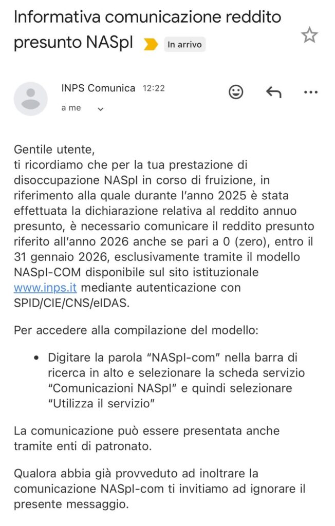 mail naspi comunicazione reddito presunto