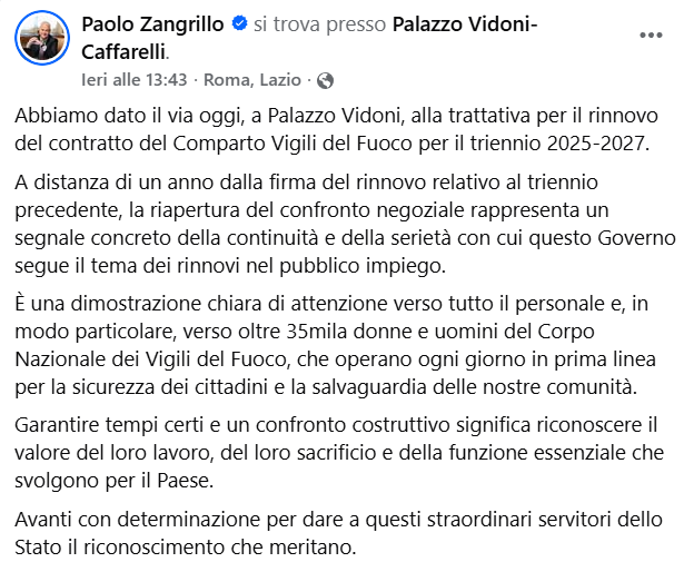 rinnovo ccnl vigili del fuoco