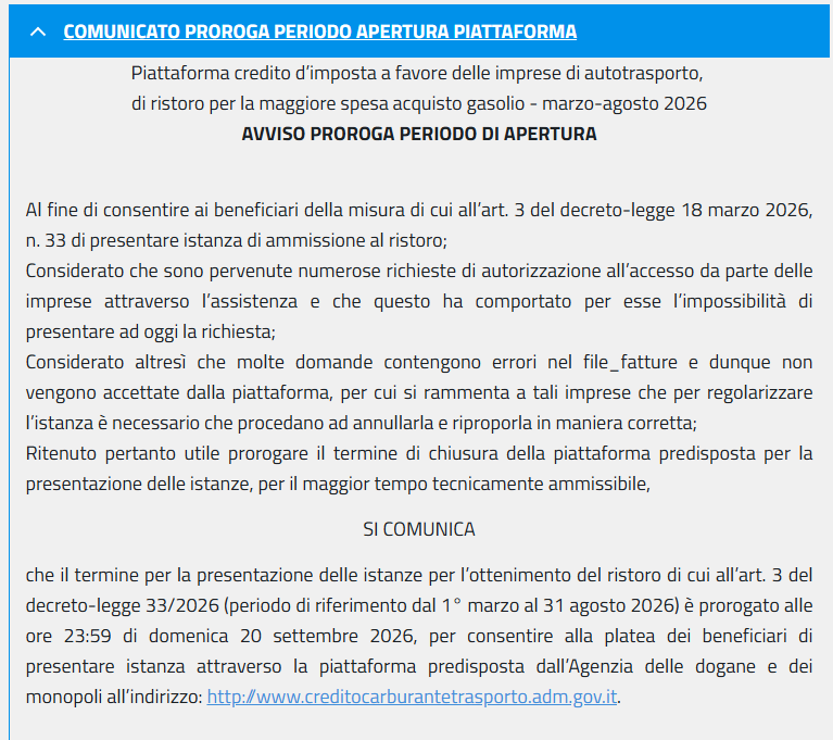 piattaforma credito d'imposta autotrasportatori